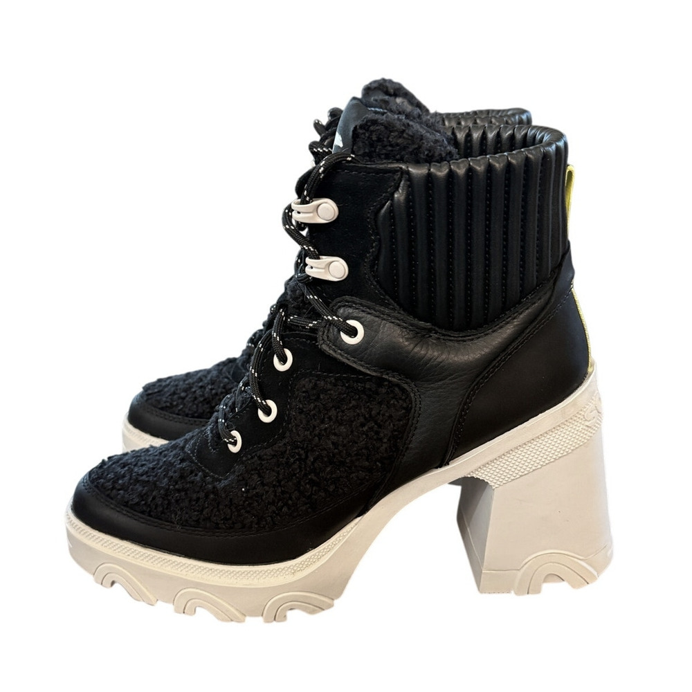 Sorel 8.5 Brex $210 Shearling Teddy Bear Ankle Boots Chunky Platform Heel Black - Picture 4 of 10